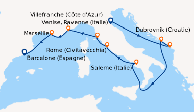 Itinéraire de la croisière Venise, Ravenne (Italie), Kotor (Monténégro),...