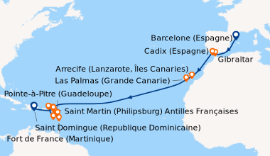 Itinéraire de la croisière Espagne, Gibraltar, Canaries, Antilles, Iles Vierges