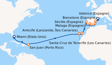 Itinéraire de la croisière Barcelone (Espagne), Valence (Espagne), Carth...
