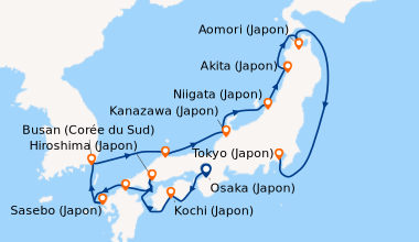 Itinéraire de la croisière Osaka (Japon), Osaka (Japon), Kochi (Japon), ...