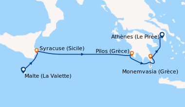 Itinéraire de la croisière Malte (La Valette), Syracuse (Sicile), En mer...