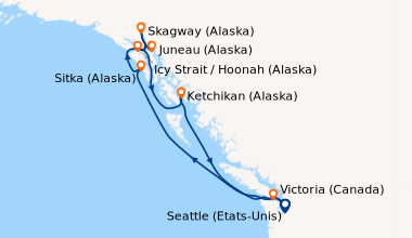 Itinéraire de la croisière Seattle (Etats-Unis), En mer, Juneau (Alaska)...