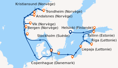 Itinéraire de la croisière Copenhague (Danemark), En mer, Bergen (Norvèg...
