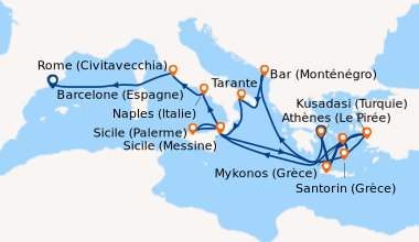 Itinéraire de la croisière Athènes (Le Pirée), En mer, Bar Harbor (Etats...