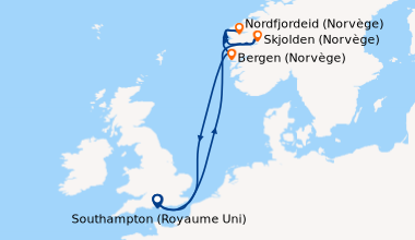 Itinéraire de la croisière Southampton (Royaume Uni) , En mer, Skjolden ...