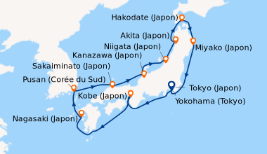 Itinéraire de la croisière Tokyo (Japon), En mer, Kobe (Japon), En mer, ...