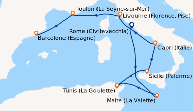 Itinéraire de la croisière Rome (Civitavecchia), En mer, Malte (La Valet...