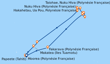 Itinéraire de la croisière Douceur polynésienne : Marquises, Tuamotu et îles de la Société