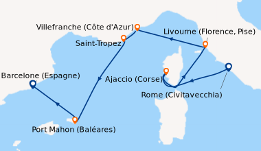 Itinéraire de la croisière Rome (Civitavecchia), En mer, Ajaccio (Corse)...
