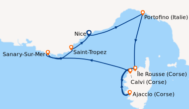 Itinéraire de la croisière Nice, Portofino (Italie), Île Rousse (Corse),...
