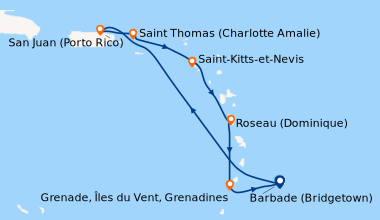 Itinéraire de la croisière Barbade (Bridgetown), En mer, San Juan (Porto...