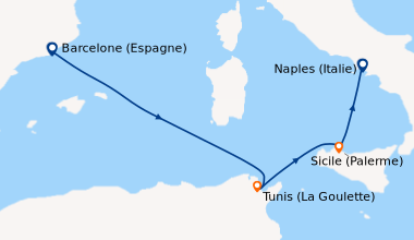Itinéraire de la croisière Barcelone (Espagne), En mer, Tunis (La Goulet...