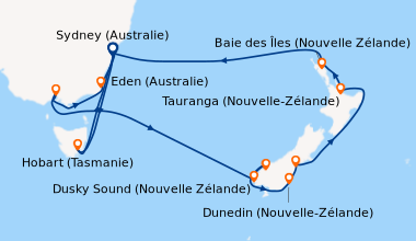 Itinéraire de la croisière Sydney (Australie), Eden (Australie), Melbour...