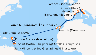 Itinéraire de la croisière Transatlantique aller