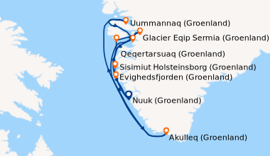 Itinéraire de la croisière Baie de Disko et villages inuits