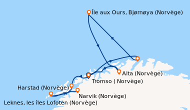 Itinéraire de la croisière Lumière polaire, du cap Nord aux îles Lofoten