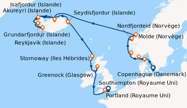 Itinéraire de la croisière Copenhague (Danemark), Kristiansand (Norvège)...