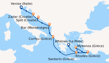 Itinéraire de la croisière Athènes (Le Pirée), Rhodes (Grèce), Mykonos (...