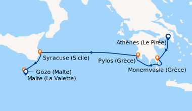 Itinéraire de la croisière Athènes (Le Pirée), Monemvasia (Grèce), En me...