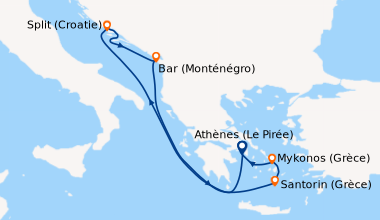 Itinéraire de la croisière Athènes (Le Pirée), En mer, Dubrovnik (Croati...