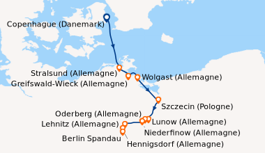 Itinéraire de la croisière De Copenhague à Berlin : la Havel, l'Oder et la mer Baltique (SUB_CPHPP)