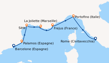 Itinéraire de la croisière Barcelone (Espagne), Palamos (Espagne), Sète,...