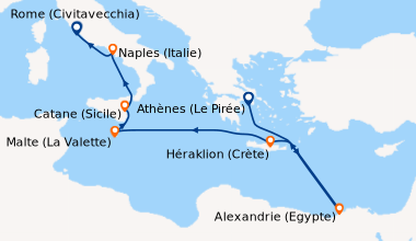 Itinéraire de la croisière Athènes (Le Pirée), En mer, Alexandrie (Egypt...