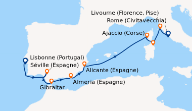 Itinéraire de la croisière Lisbonne (Portugal), Séville (Espagne), Sévil...
