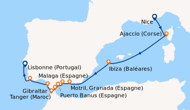 Itinéraire de la croisière Nice, Ajaccio (Corse), Ibiza (Baléares), En m...