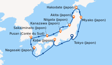 Itinéraire de la croisière Tokyo (Japon), En mer, Kobe (Japon), En mer, ...