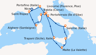 Itinéraire de la croisière En mer, Saint-Tropez, Alghero (Sardaigne), Ba...