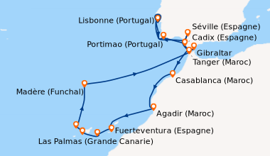 Itinéraire de la croisière Lisbonne (Portugal), Portimao (Portugal), Cad...