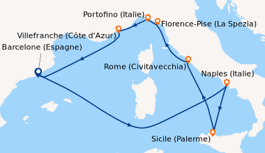 Itinéraire de la croisière Barcelone (Espagne), En mer, Capri (Italie), ...
