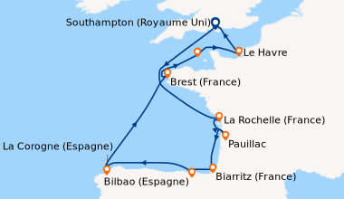 Itinéraire de la croisière Southampton (Royaume Uni) , En mer, La Rochel...