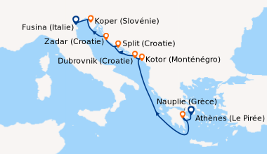 Itinéraire de la croisière Athènes (Le Pirée), Nauplie (Grèce), En mer, ...
