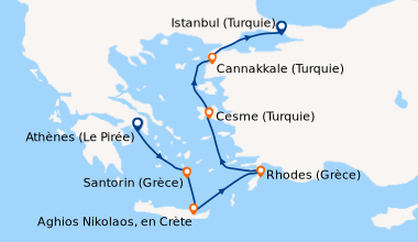 Itinéraire de la croisière Athènes (Le Pirée), Santorin (Grèce), Aghios ...