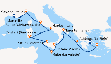 Itinéraire de la croisière France, Italie, Malte, Grèce
