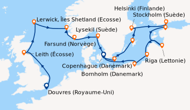 Itinéraire de la croisière Douvres (Royaume-Uni), En mer, Leith (Écosse)...