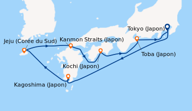 Itinéraire de la croisière Tokyo (Japon), En mer, Kagoshima (Japon), Jej...