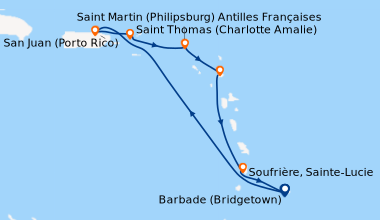 Itinéraire de la croisière Barbade (Bridgetown), En mer, San Juan (Porto...