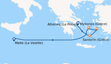 Itinéraire de la croisière Malte (La Valette), En mer, Mykonos (Grèce), ...