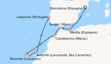 Itinéraire de la croisière Barcelone (Espagne), En mer, Melilla (Espagne...