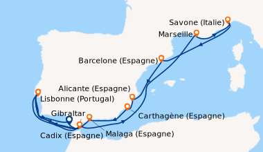 Itinéraire de la croisière Espagne, Gibraltar, Portugal, France, Italie