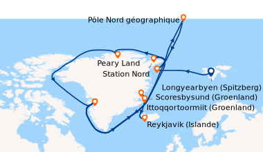 Itinéraire de la croisière Le pôle Nord géographique et exploration du Groenland septentrional