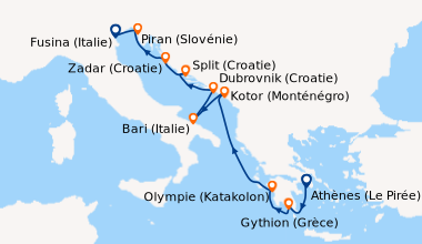 Itinéraire de la croisière Athènes (Le Pirée), Gythion (Grèce), Olympie ...