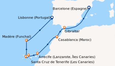 Itinéraire de la croisière Barcelone (Espagne), En mer, Ceuta (Espagne),...