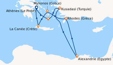 Itinéraire de la croisière Athènes (Le Pirée), Santorin (Grèce), Kusadas...