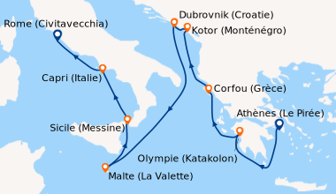 Itinéraire de la croisière Athènes (Le Pirée), Olympie (Katakolon), Corf...