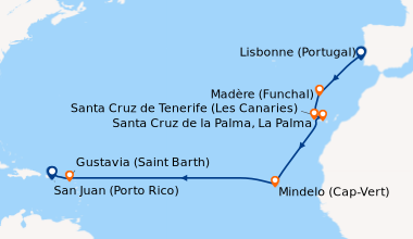 Itinéraire de la croisière Lisbonne (Portugal), En mer, Madère (Funchal)...