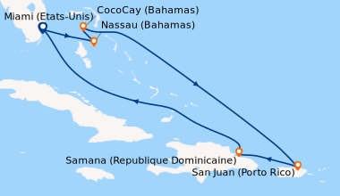 Itinéraire de la croisière Miami (Etats-Unis), Nassau (Bahamas), CocoCay...